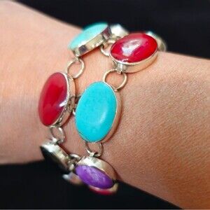 Multi Large Stone Silver Double Strand T Clasp Link Bracelet